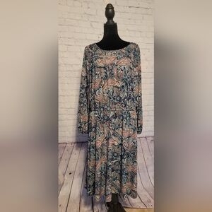 Talbots Navy and Coral Paisley Long Sleeve Midi Dress